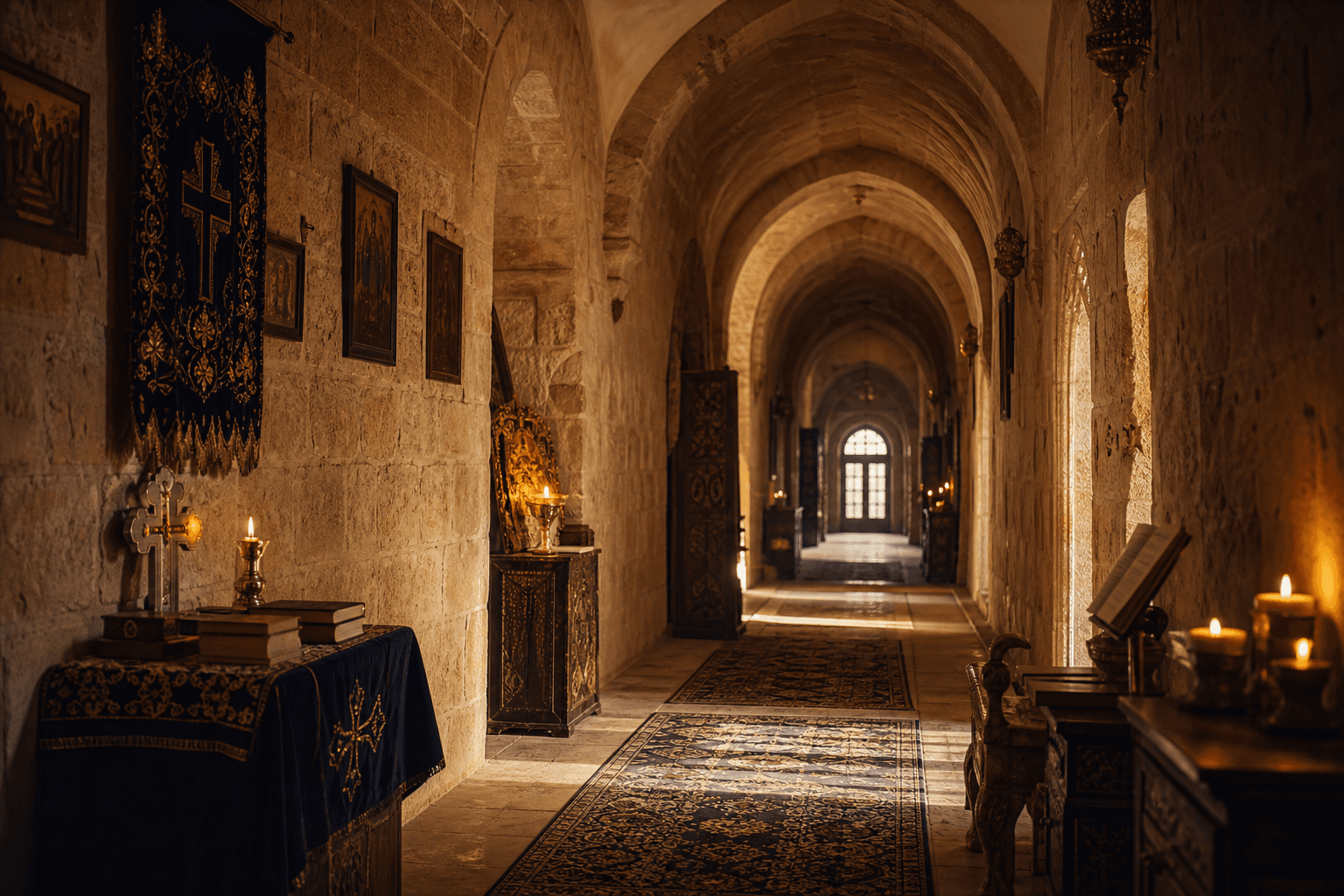 Tarihi kilise koridoru ve gizli görüşme atmosferi
